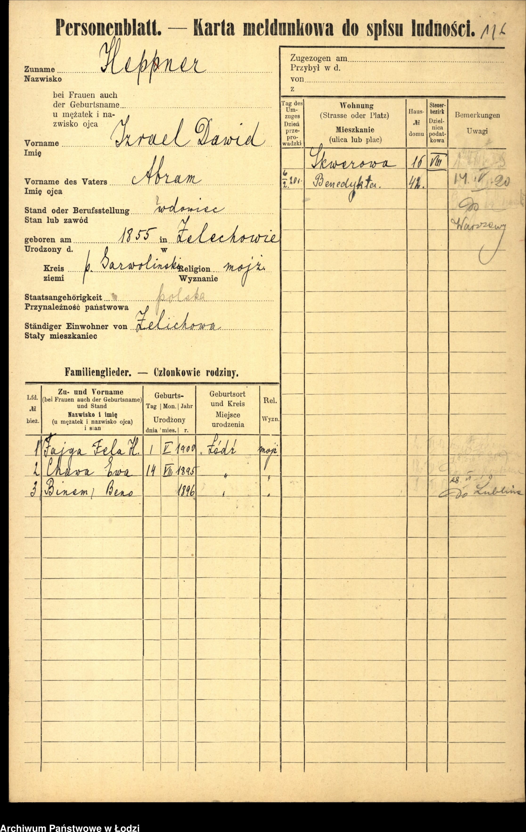 Łódź population-register card (Personenblatt) for Izrael Dawid Hepner, son of Abram, widower, born 1855 in Żelechów, with three children listed.