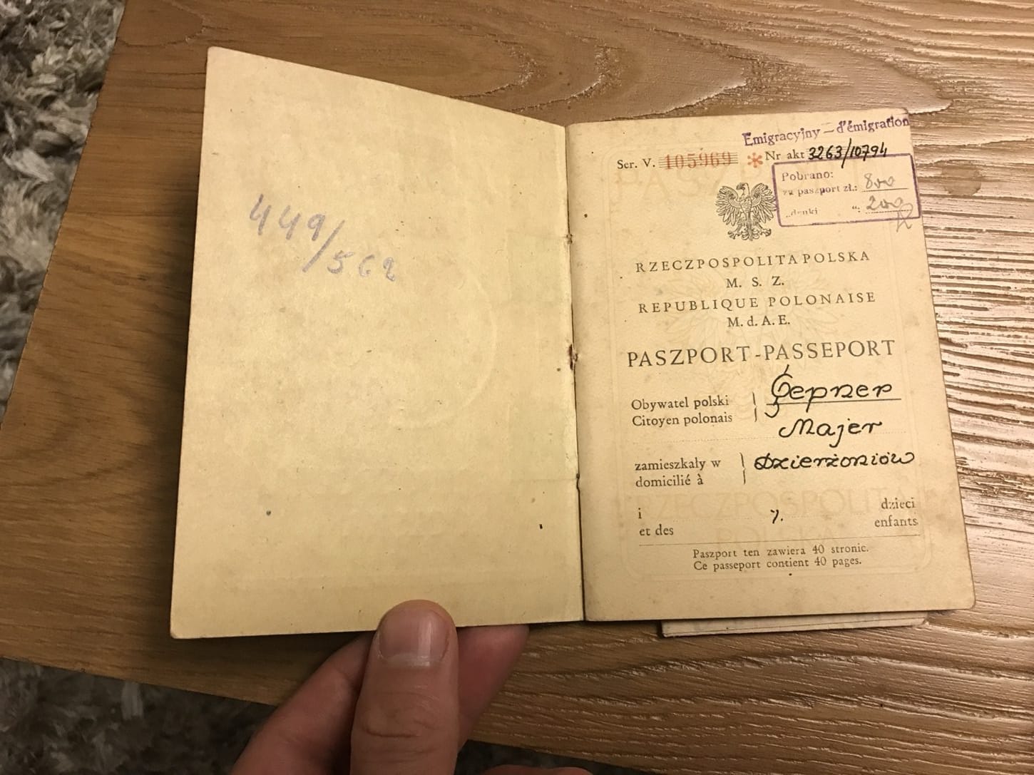 Inside cover and title page of the passport photographed together.