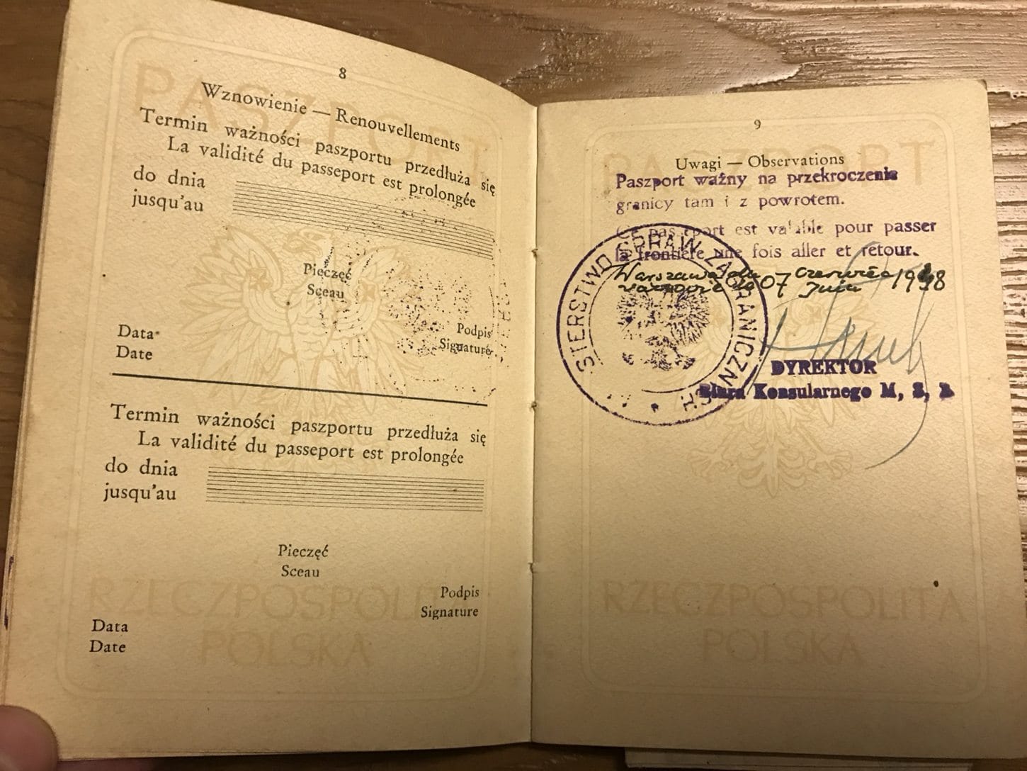 Passport pages 8 and 9: observations page with a purple Ministry of Foreign Affairs stamp dated 1948.