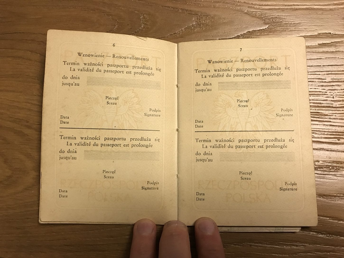 Passport pages 6 and 7: blank renewal pages.